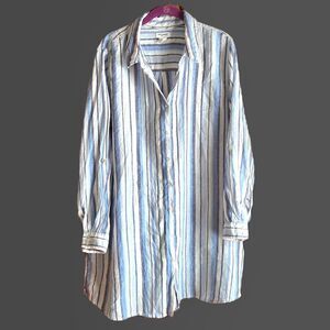 100% Linen Artisan NY Long Sleeve Blouse  Blue White Stripe Boho Cottagecore